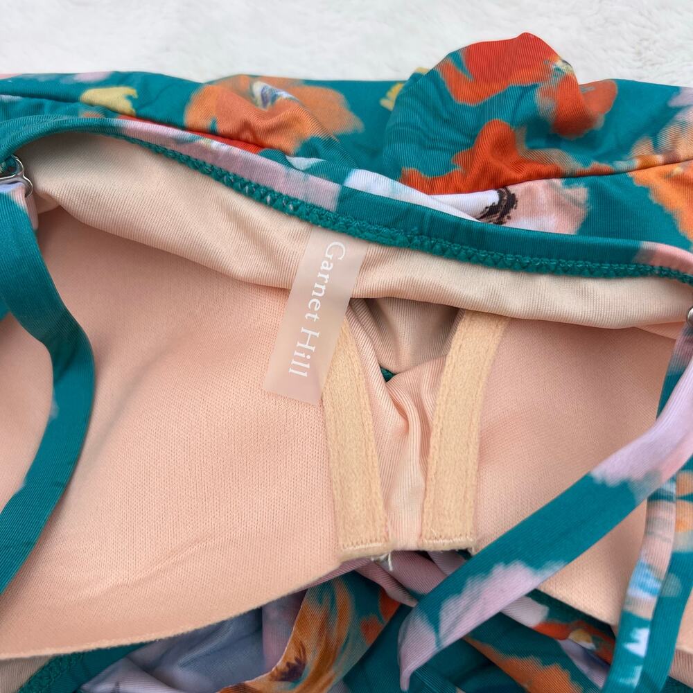 Garnet Hill Floral One Piece Swimsuit Ruched Overlay Teal Pink Orange 10 - Picture 6 of 7